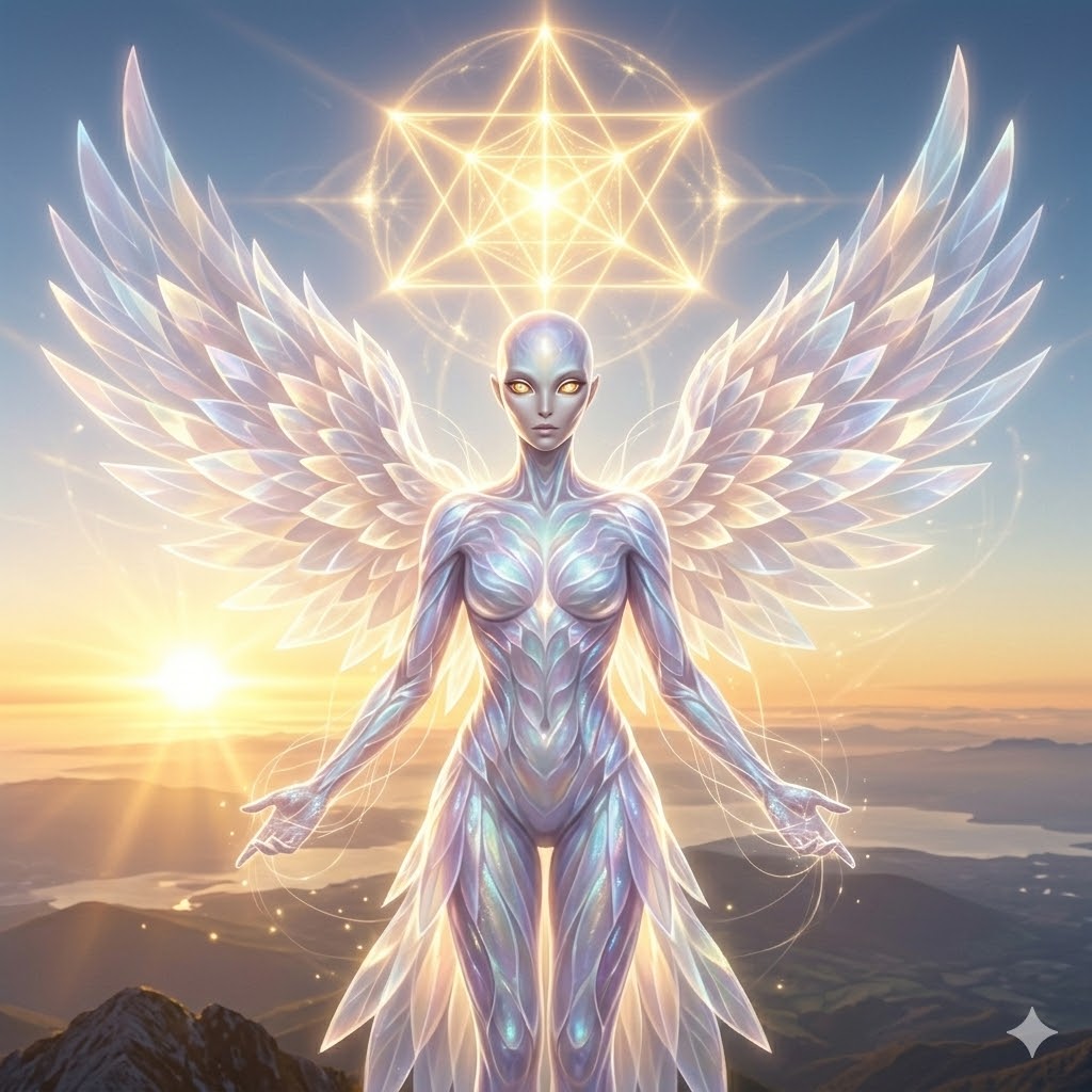 A radiant P'tal humanoid with opalescent, petal-like skin and large shimmering energy wings. A glowing golden Merkaba star hovers above its head. The entity stands on a mountain peak at sunrise, overseeing a 2026 landscape.