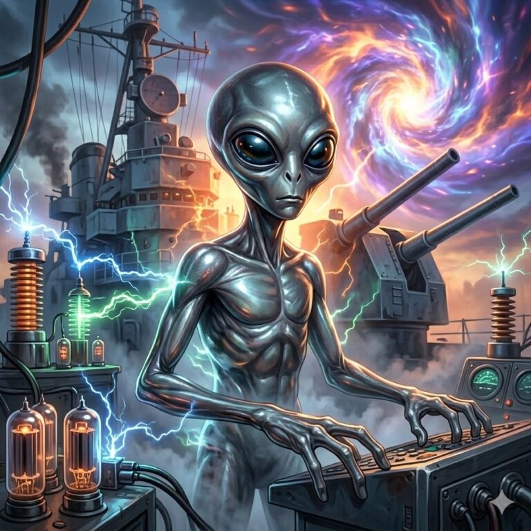 A metallic-grey alien with large black eyes standing at a control console on the deck of a 1943 Navy ship. Glowing Tesla coils and a swirling orange and purple temporal rift are visible in the background.