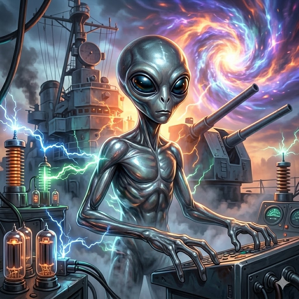A metallic-grey alien with large black eyes standing at a control console on the deck of a 1943 Navy ship. Glowing Tesla coils and a swirling orange and purple temporal rift are visible in the background.