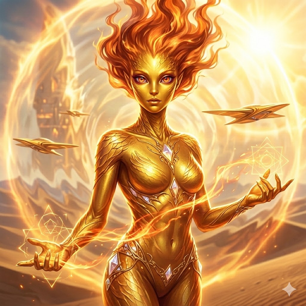A radiant female Phoenian with metallic gold skin and flowing, flame-like orange hair. She is surrounded by a circular solar aura and is manifesting geometric light-codes in her hands. Golden wing-shaped ships fly in the desert background.