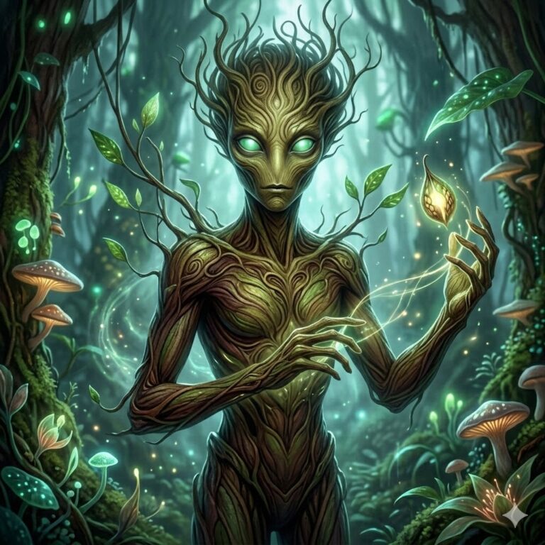 A tall, elegant Phylosian alien with bark-like skin and glowing emerald eyes standing in a lush, bio-luminescent forest. Mossy vines and delicate branches extend from its head and shoulders, and it holds a glowing golden seed-pod.
