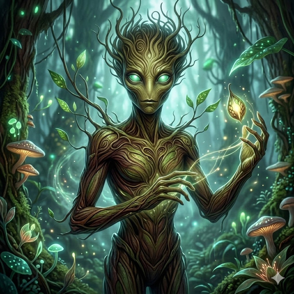 A tall, elegant Phylosian alien with bark-like skin and glowing emerald eyes standing in a lush, bio-luminescent forest. Mossy vines and delicate branches extend from its head and shoulders, and it holds a glowing golden seed-pod.