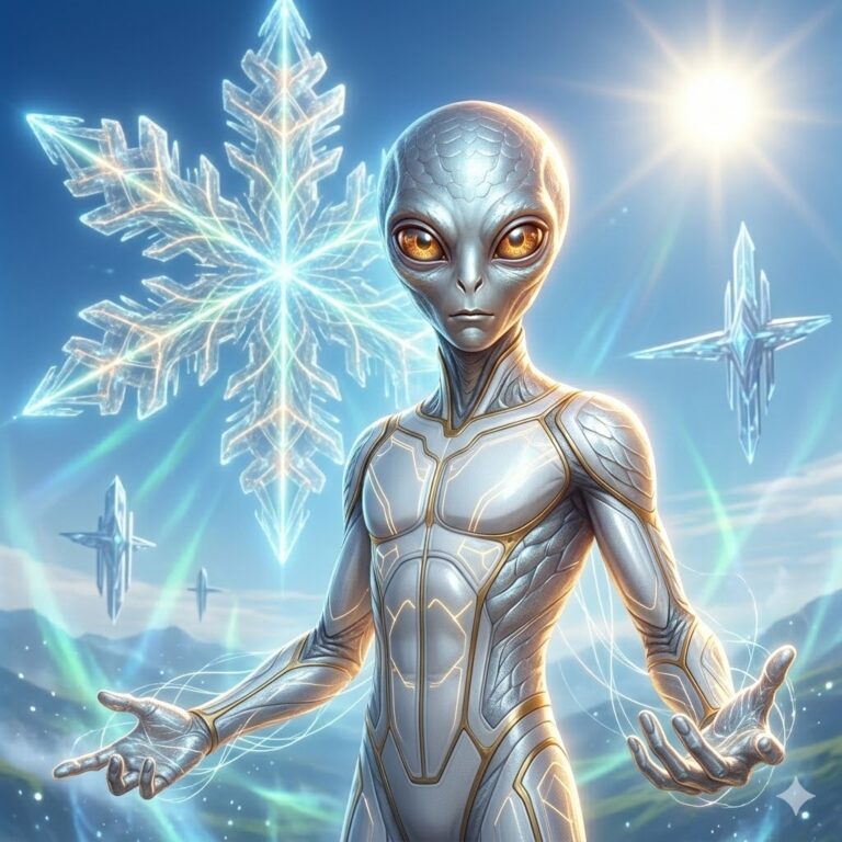 A tall, silver-skinned Procyanan male with glowing amber eyes, wearing a white and gold technical suit. Behind him, a massive, glowing snowflake-shaped mothership hovers above a crystalline city on Procyon-IV.