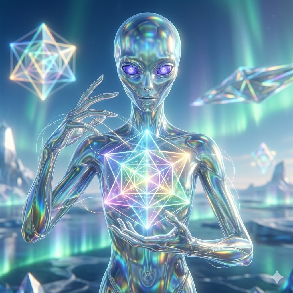 A tall, spindly alien with translucent, glass-like skin and glowing violet eyes. Its body appears to refract light like a prism. It is standing in a crystalline city on the planet Illumu, holding a geometric light-orb.