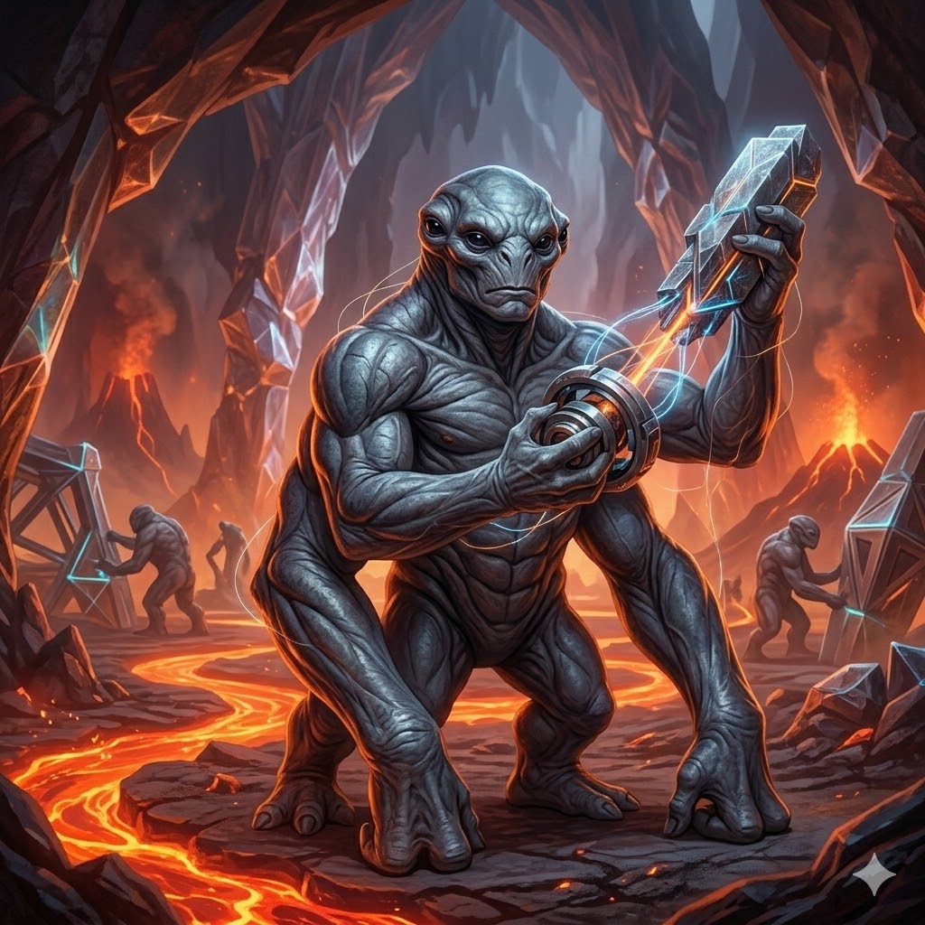 A short, powerful Quadloid alien with slate-grey leathery skin and four arms. It has four obsidian eyes and is standing in a glowing underground cavern filled with tectonic machinery and magma flows.