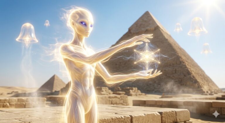 A tall, radiant golden humanoid being (RA) with solid indigo eyes standing before the Great Pyramid of Giza. The being is semi-translucent, made of shimmering light.