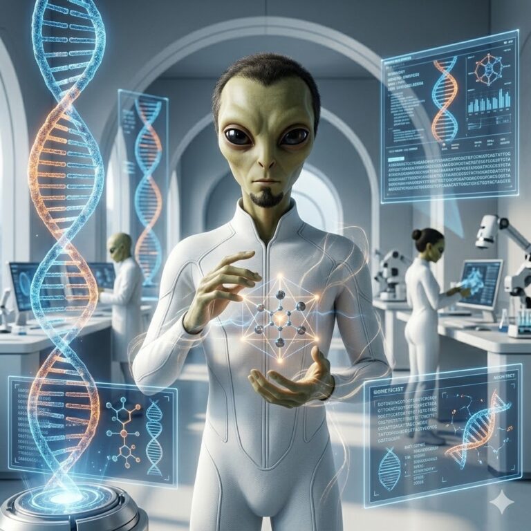 A short, olive-skinned Raelain alien with dark almond eyes and a small goatee, wearing a white one-piece suit with a Star of David and Swastika symbol. He stands in a high-tech laboratory with DNA holograms.