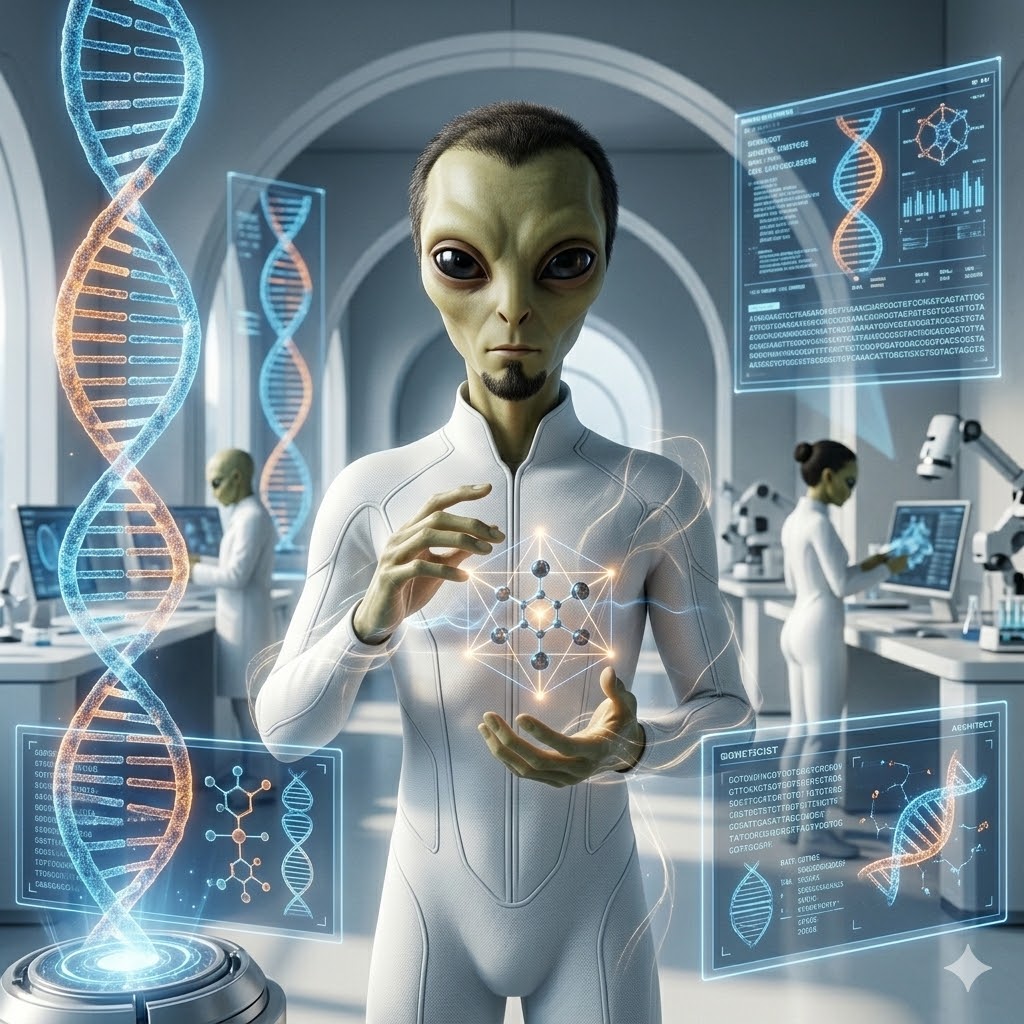 A short, olive-skinned Raelain alien with dark almond eyes and a small goatee, wearing a white one-piece suit with a Star of David and Swastika symbol. He stands in a high-tech laboratory with DNA holograms.