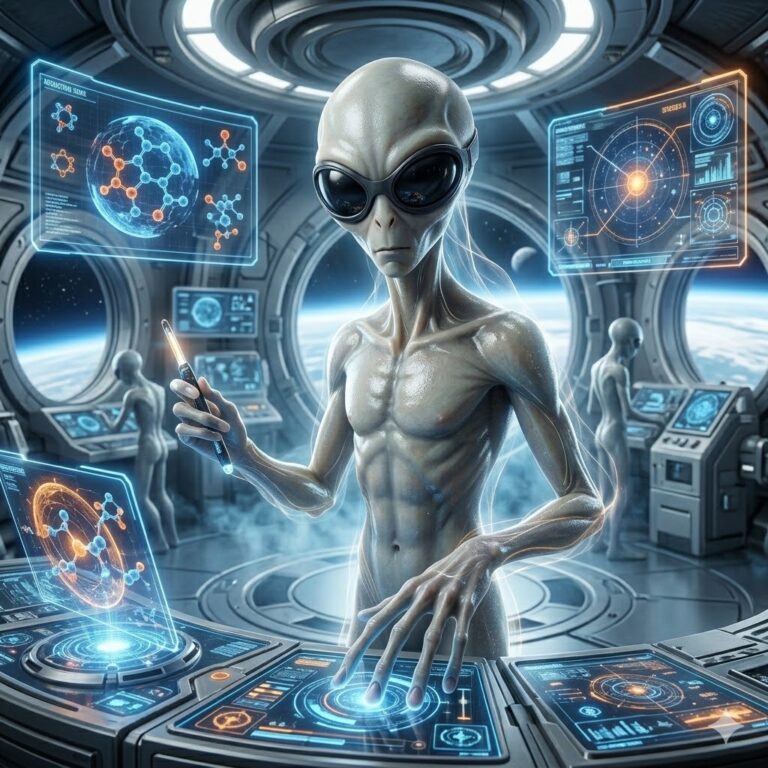 A slender Railoid grey alien with large black eyes and long fingers, working at a glowing, holographic control panel inside a metallic saucer craft. Biological DNA structures are visible on the screens.