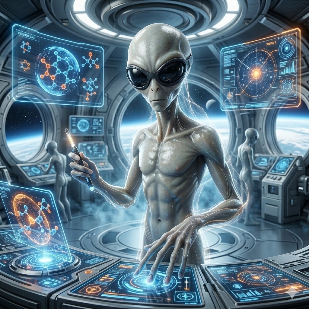A slender Railoid grey alien with large black eyes and long fingers, working at a glowing, holographic control panel inside a metallic saucer craft. Biological DNA structures are visible on the screens.