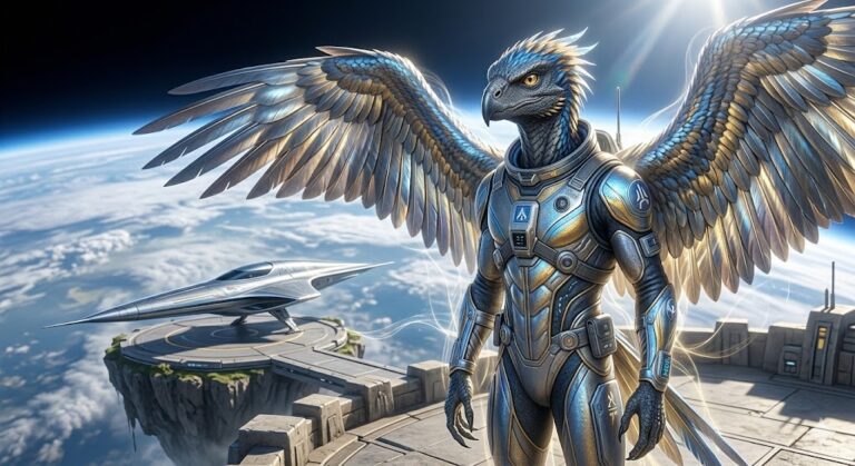 A tall, blue-feathered RAK alien with a raptor-like face and golden eyes, standing on a high-altitude platform overlooking the Earth's atmosphere. A sleek, needle-shaped ship is docked behind him.
