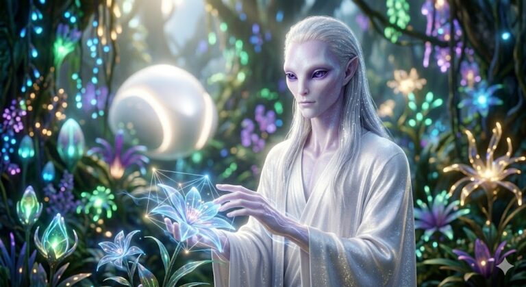 A tall, graceful Ramay humanoid with silver hair, pale iridescent skin, and deep violet eyes. He wears a shimmering white robe and stands in a lush, bioluminescent garden with an ovoid ship in the background