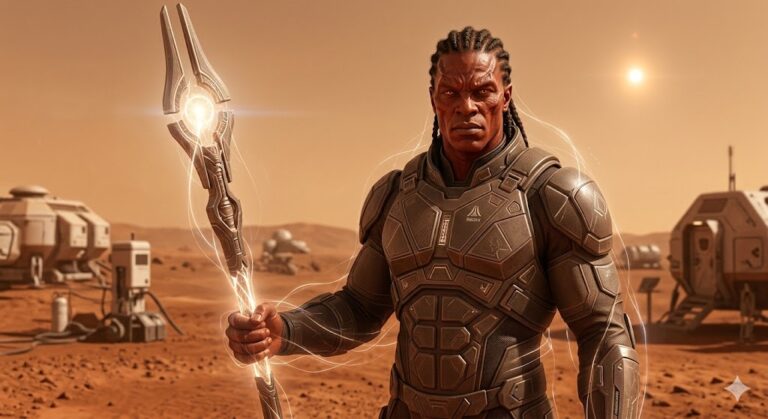 A tall, muscular Re-Brid alien with copper-red skin and dark braids. He holds a glowing energy staff and stands on a dusty Martian landscape with Aldebaran glowing in the sky.