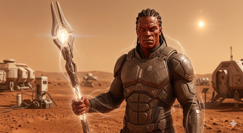 A tall, muscular Re-Brid alien with copper-red skin and dark braids. He holds a glowing energy staff and stands on a dusty Martian landscape with Aldebaran glowing in the sky.