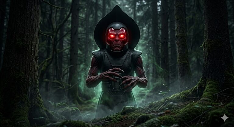 A close-up of a massive 15-foot Red Giant alien (*Rufogigus peregrinus*) in a dark West Virginia forest. The entity is enveloped in the "Flatwoods Style" suit, featuring an Ace of Spades shaped black hood, intense glowing red eyes, and dark crimson, weathered skin below. An oily mist surrounds it.