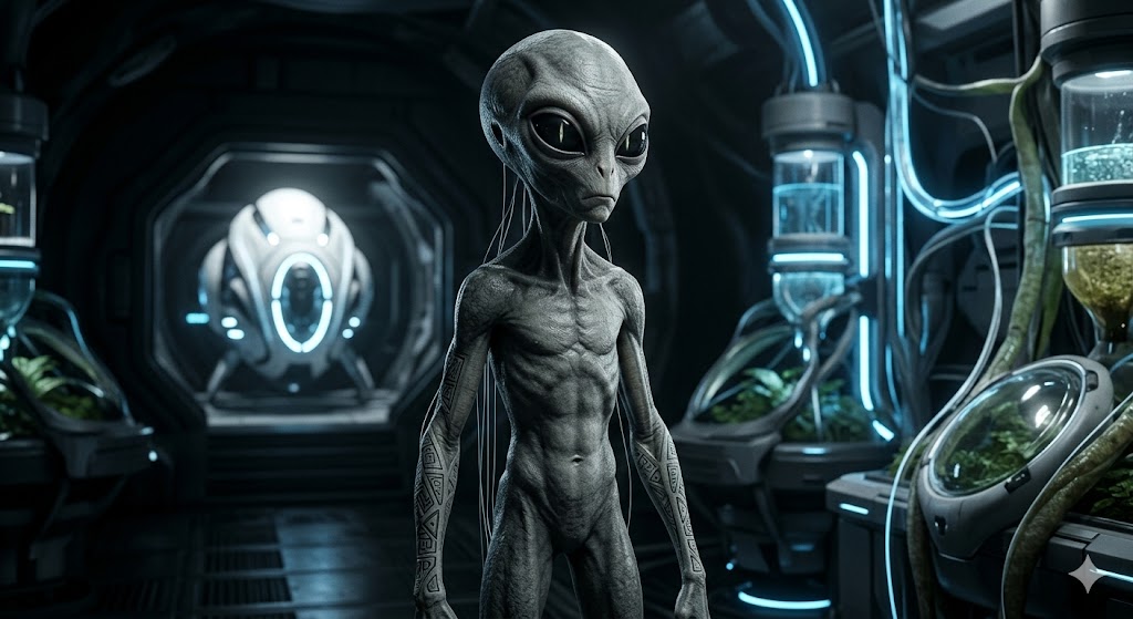 A 4-foot tall Rigelian Grey with tough grey skin, mantis-like arms, and large black eyes with vertical slits. He stands in a dark laboratory, with a glowing energy staff and a cigar-shaped ship in the background.