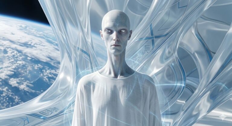 A very tall, slender Rumardian alien with pale blue skin and solid silver eyes. He is wearing a simple white tunic and standing in a translucent needle-shaped ship overlooking Earth.