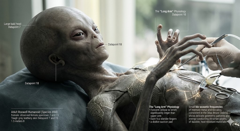 A 1.5-meter tall humanoid with a large bald head, sunken eyes, and 4-fingered hands with suction tips. The being is depicted as recovered from the 1947 Roswell crash site.