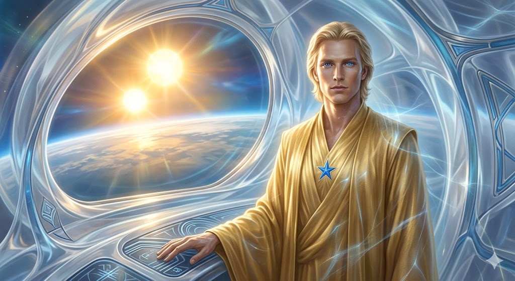 A tall, luminous Santinian humanoid alien with blonde hair, wearing a golden robe with a blue star, standing on the planet Metharia with two suns in the sky.