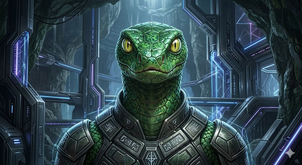 A tall Serpentine Reptilian with emerald scales and glowing yellow slit-eyes, standing in a high-tech subterranean cavern. He has a snake-like face and is wearing dark metallic armor.