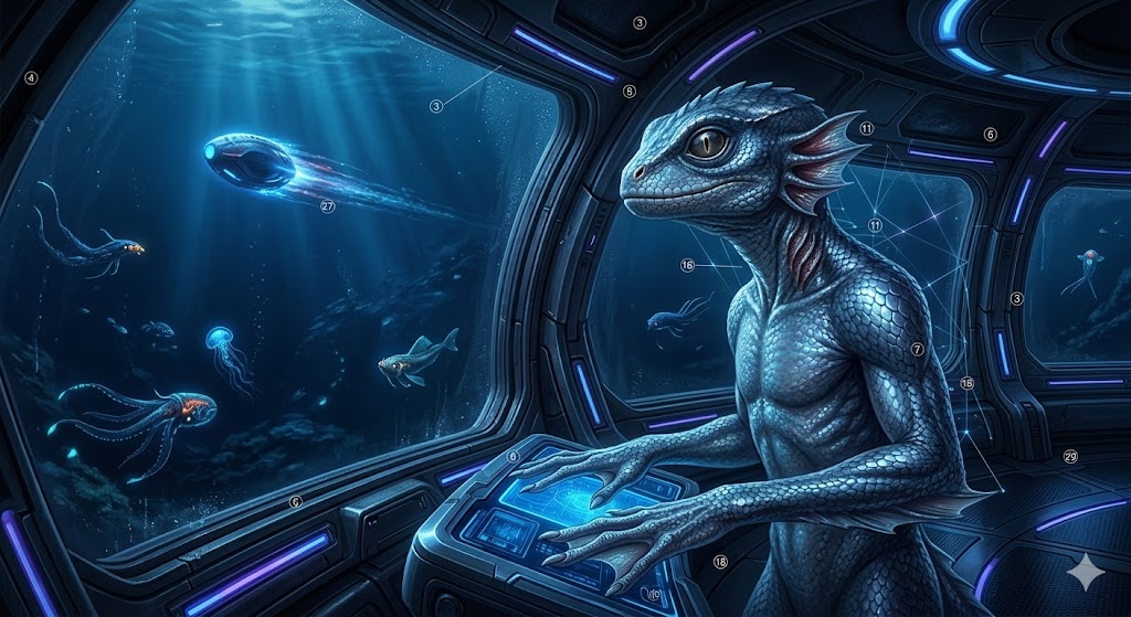 A bipedal Sirius Reptilian with webbed hands, iridescent blue scales, and neck gills, standing in a high-tech underwater base. A sleek ovoid USO zooms past a reinforced window in the deep blue ocean.