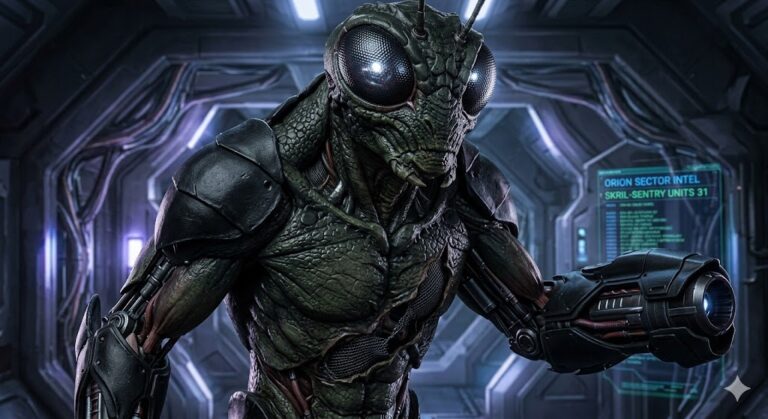 A hyper-realistic SKRIL warrior from Bellatrix Orion. The being features dark, leathery reptilian skin, green chitinous insectoid plates, and large multi-faceted compound eyes. Its left arm is replaced with a weaponized cybernetic hydraulic cannon.