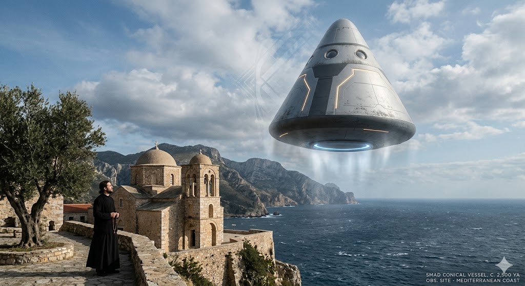 A conical-shaped Smad spacecraft descending over an ancient temple. A Smad humanoid, looking identical to a human in simple robes, stands in the foreground observing.