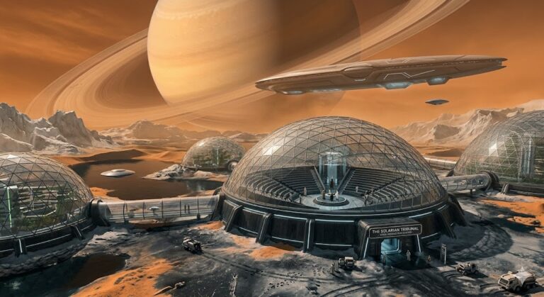 A futuristic Solarian city with glass domes on the surface of Titan, Saturn's moon. Saturn's rings dominate the sky. A cigar-shaped Solarian carrier ship hovers above the Tribunal center.