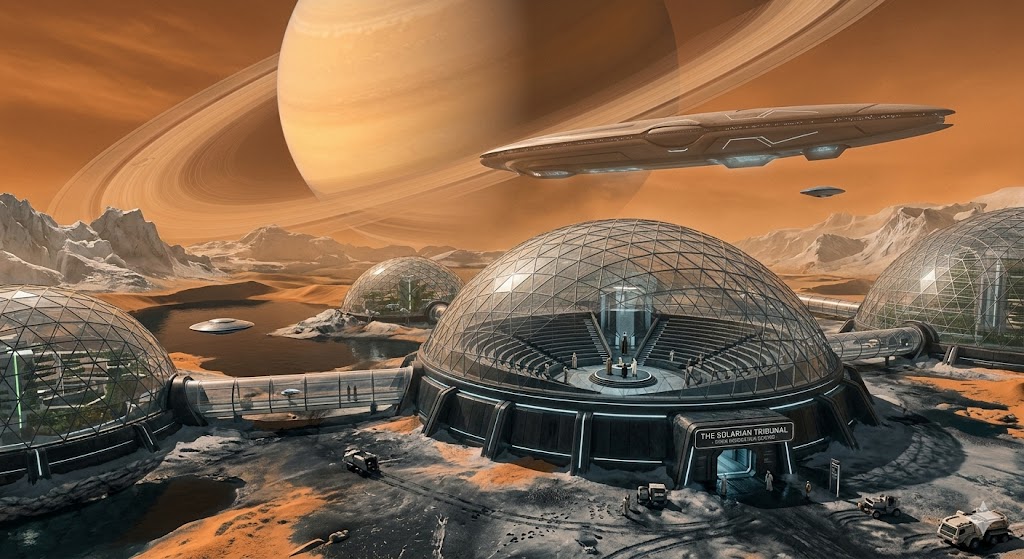 A futuristic Solarian city with glass domes on the surface of Titan, Saturn's moon. Saturn's rings dominate the sky. A cigar-shaped Solarian carrier ship hovers above the Tribunal center.