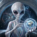 A benevolent Solipsi Rai Grey with smooth, glowing skin and deep empathetic eyes. In the background, a sleek silver disc craft hovers over a futuristic Earth spaceport, representing the 645 futures.