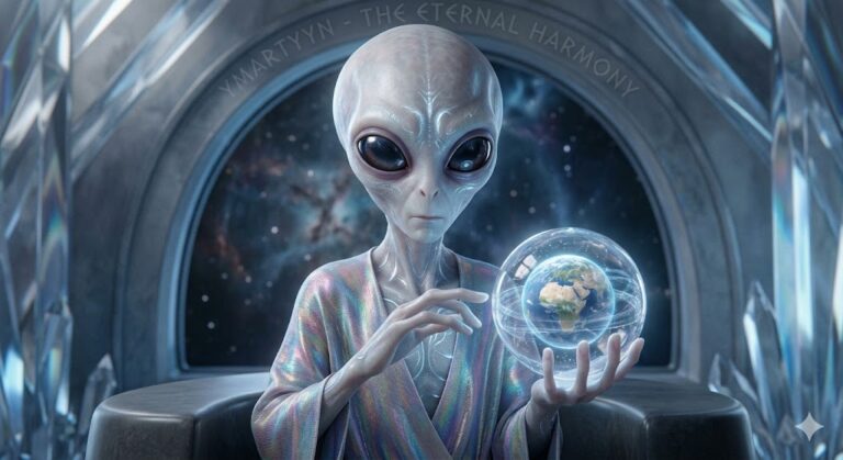 A benevolent Solipsi Rai Grey with smooth, glowing skin and deep empathetic eyes. In the background, a sleek silver disc craft hovers over a futuristic Earth spaceport, representing the 645 futures.