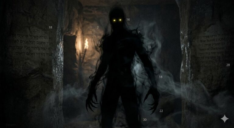 A shadowy, tall humanoid figure with glowing yellow eyes, standing in an interdimensional rift. The entity is shrouded in dark, light-absorbing smoke, representing the Sons of Darkness.