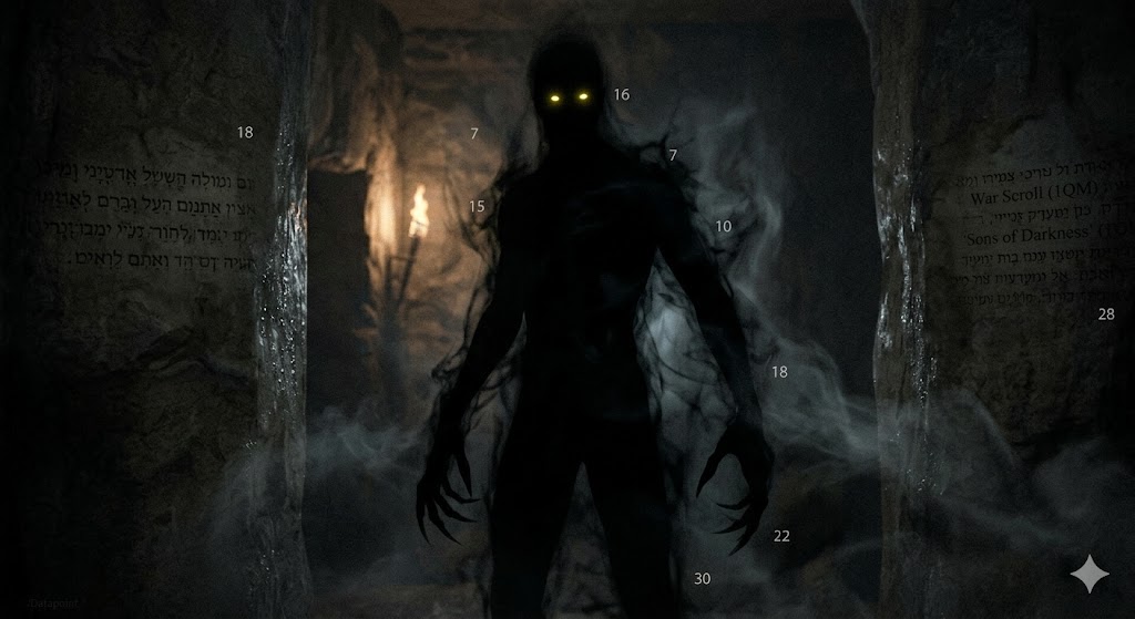 A shadowy, tall humanoid figure with glowing yellow eyes, standing in an interdimensional rift. The entity is shrouded in dark, light-absorbing smoke, representing the Sons of Darkness.