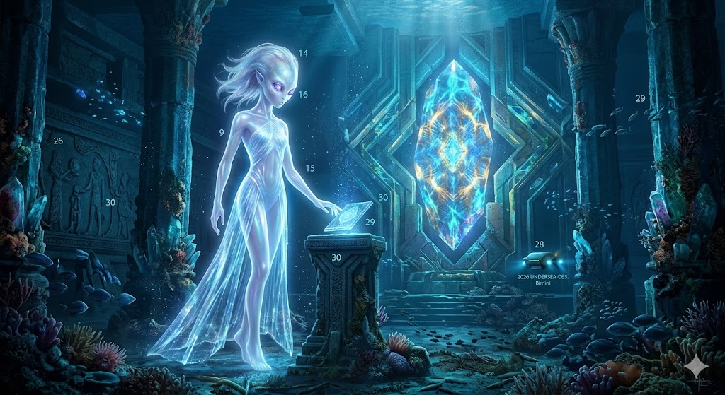 A 13-foot tall Spican giant, glowing with soft blue light, standing inside a submerged Atlantean temple. They are touching a massive, glowing orange-and-blue crystal power core. Small 2026 undersea drones are visible in the background observing.