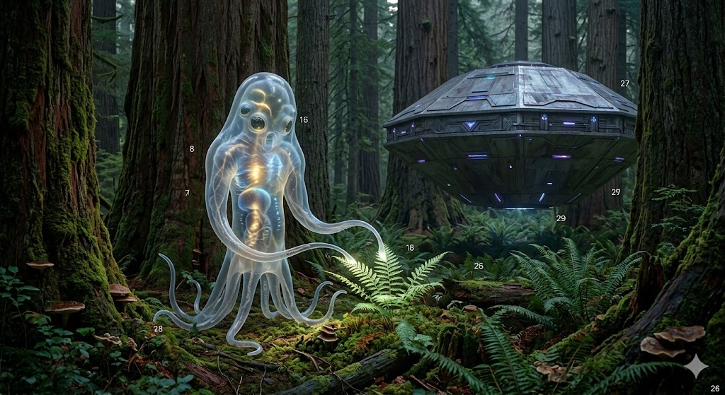 A 2-meter tall, translucent Strom alien with bioluminescent internal organs standing in an ancient redwood forest. The invertebrate entity is using glowing tentacles to inspect a fern. In the misty background, a metallic octagonal UFO hovers silently.