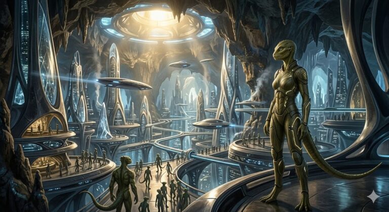 A 7-foot tall Subterranean Reptilian in their advanced crystalline Inner Earth city. The female entity has fine scales, vertical slit pupils, and is overlooking a cavern filled with organic-looking towers and flying discs. This Dinosauroid species claims Earth as their original home.