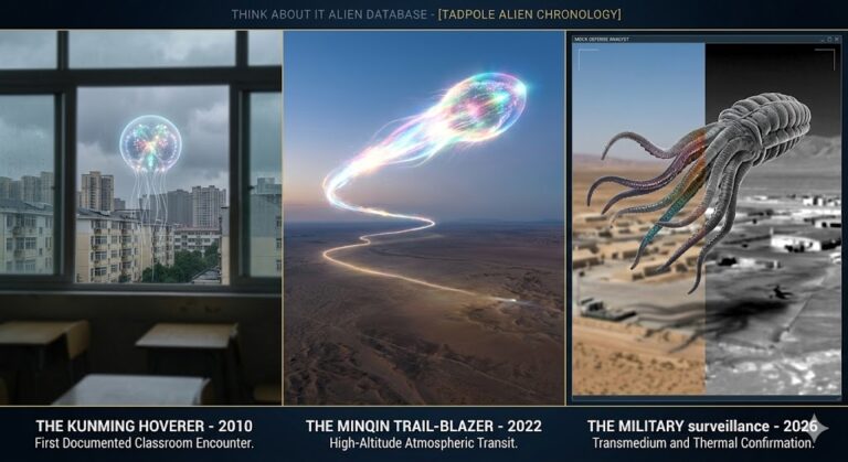 A three-panel chronology of the Tadpole Alien sightings. Panel 1: The 2010 Kunming Hoverer outside a classroom. Panel 2: The 2022 Minqin Trail-Blazer over the desert. Panel 3: 2026 military thermal surveillance of a Jellyfish UAP.