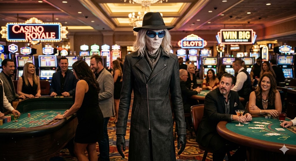 A cinematic reconstruction of a Tall White alien in a Las Vegas casino. The entity is tall and thin, wearing a wide-brimmed hat, sunglasses, and a long coat to hide its chalk-white skin.