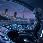 A Grey alien pilot with rigid features and large black eyes sits inside an advanced cockpit, staring clinically at the viewer. Through the viewport, the Titanic is visibly sinking in a dark ocean.
