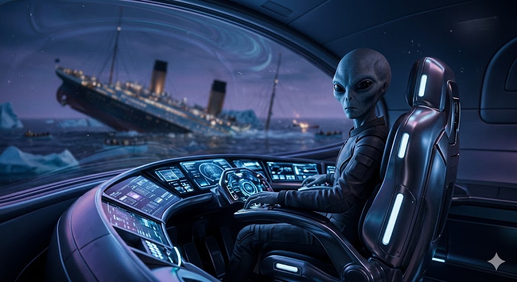 A Grey alien pilot with rigid features and large black eyes sits inside an advanced cockpit, staring clinically at the viewer. Through the viewport, the Titanic is visibly sinking in a dark ocean.