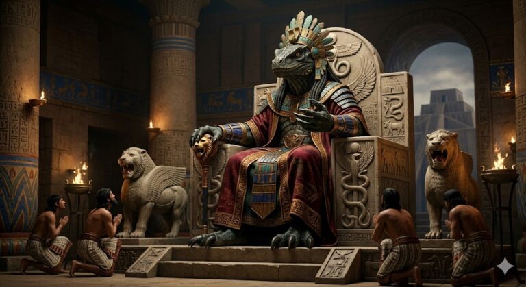A cinematic image of a Targzissian Lizard-Head God-King sitting on a stone Sumerian throne. The alien has green scales, deep yellow eyes, and wears golden Mesopotamian robes. Human worshippers are seen kneeling at the base of the throne with a Ziggurat in the background.