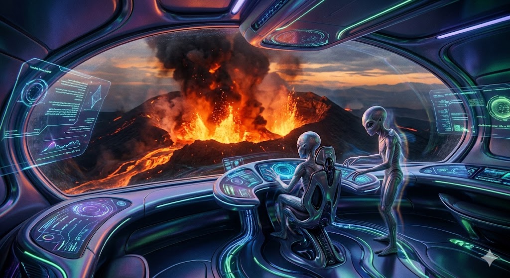 A view from inside a Tarice spacecraft. Two slender, grey-skinned aliens with large eyes operate a glowing, organic console. Through the large curved window, a massive volcano is erupting with lava and smoke.