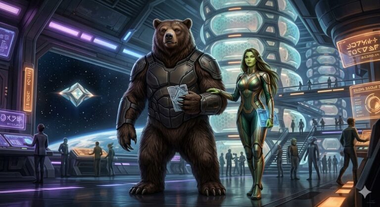 A 12-foot Tau Cetian bear-being in black tactical armor stands next to an 8-foot green-skinned human female on a futuristic starship bridge. Glowing displays and a diamond-shaped ship are visible.
