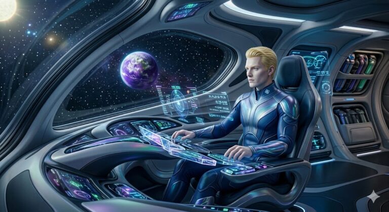 A high-resolution interior view of a Taygetean Beamship. A blonde male Nordic pilot in a sleek blue suit operates a holographic tachyon interface. The Earth is visible through the panoramic window.