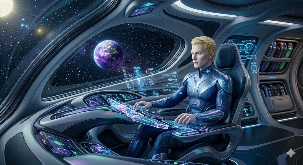 A high-resolution interior view of a Taygetean Beamship. A blonde male Nordic pilot in a sleek blue suit operates a holographic tachyon interface. The Earth is visible through the panoramic window.