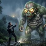 A 10-foot tall green alien with hairy skin and glowing yellow eyes stands over a terrified security guard in a foggy forest. The alien has prominent red veins and monstrous features.