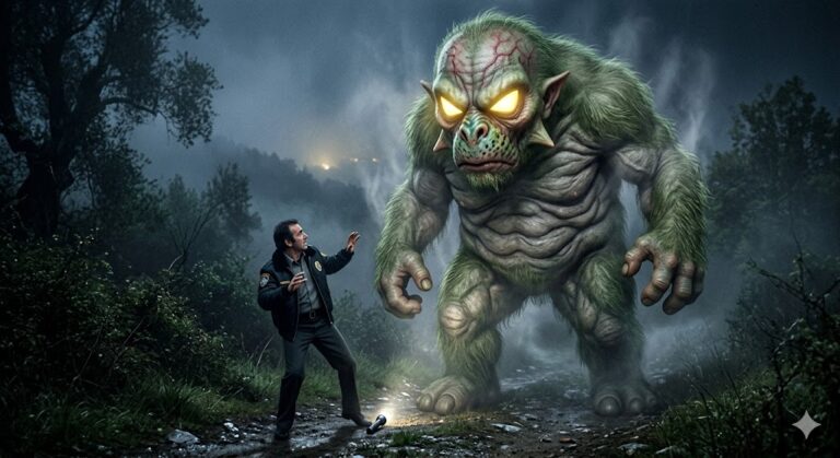 A 10-foot tall green alien with hairy skin and glowing yellow eyes stands over a terrified security guard in a foggy forest. The alien has prominent red veins and monstrous features.
