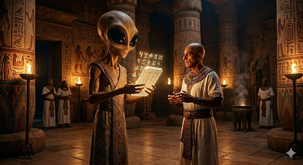 A 7-foot tall Mantis-like alien with tan leathery skin and large tear-shaped black eyes that take up half its head. It stands in an Egyptian temple holding a glowing holographic tablet while teaching a priest.
