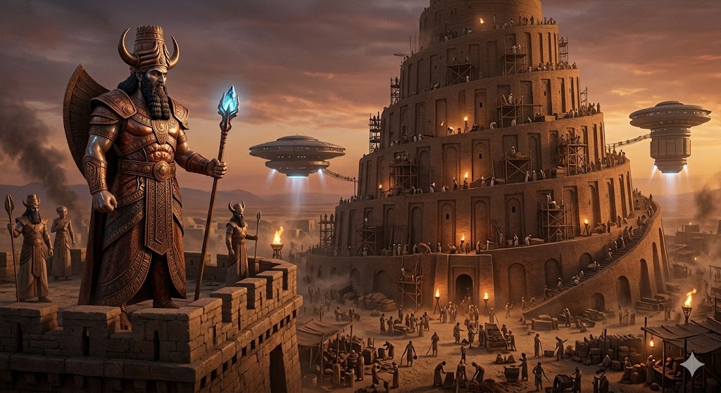 A technical diagram of the planet Nibiru showing its hollowed-out interior and the crystalline core used for 4th-density travel. Anunnaki giants are seen monitoring Earth from the interior.