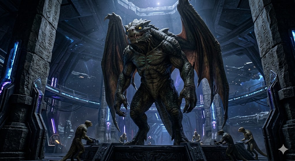 A 22-foot tall Ciakar Reptilian with massive leathery wings and dark green scales standing in an underground base with Grey Alien attendants.